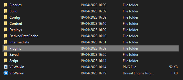 Picture of file explorer with all of the Unreal Engine folders including an empty folder named Plugins